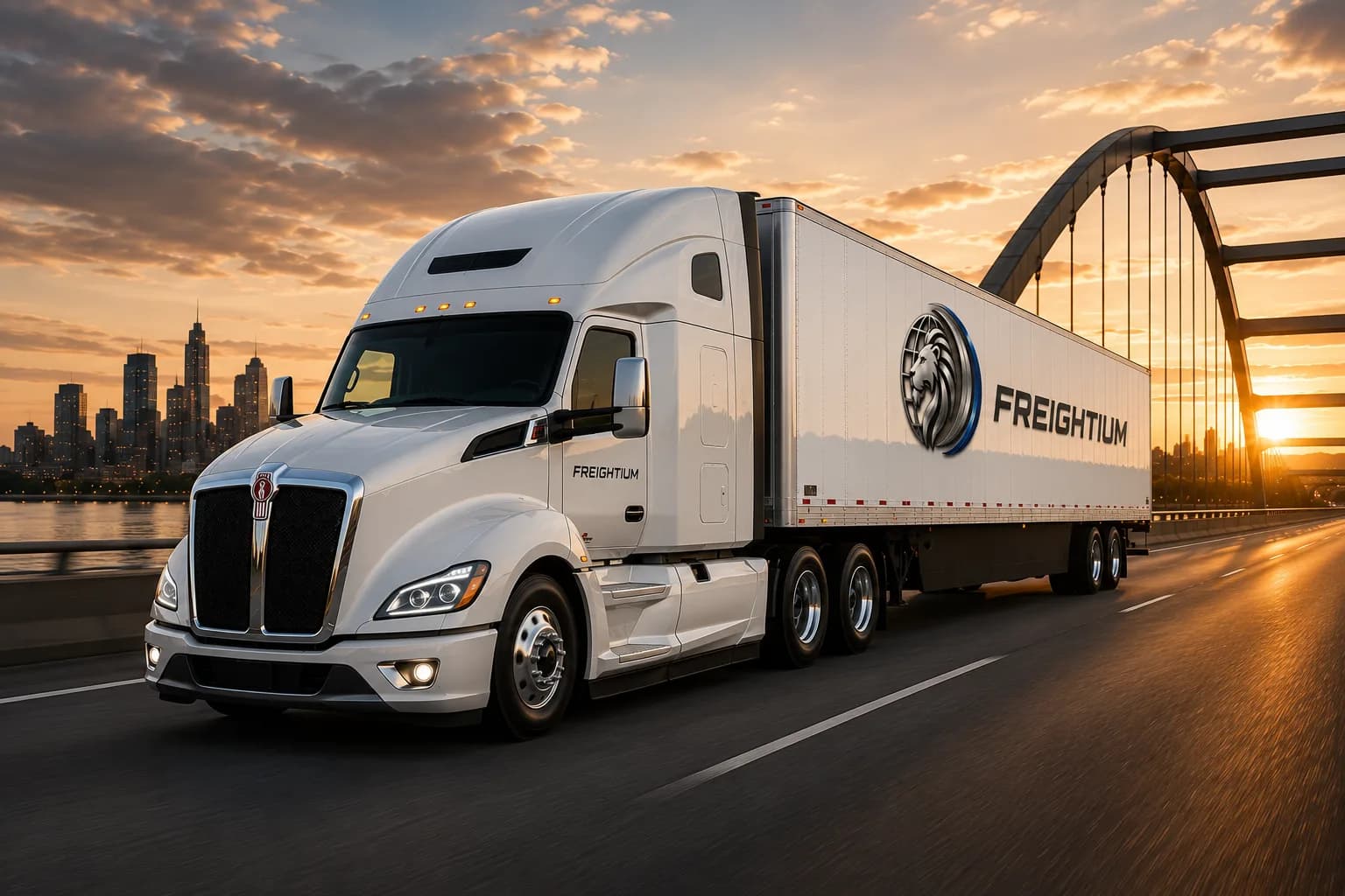 Freightium truck crossing a highway bridge at sunset with a city skyline behind