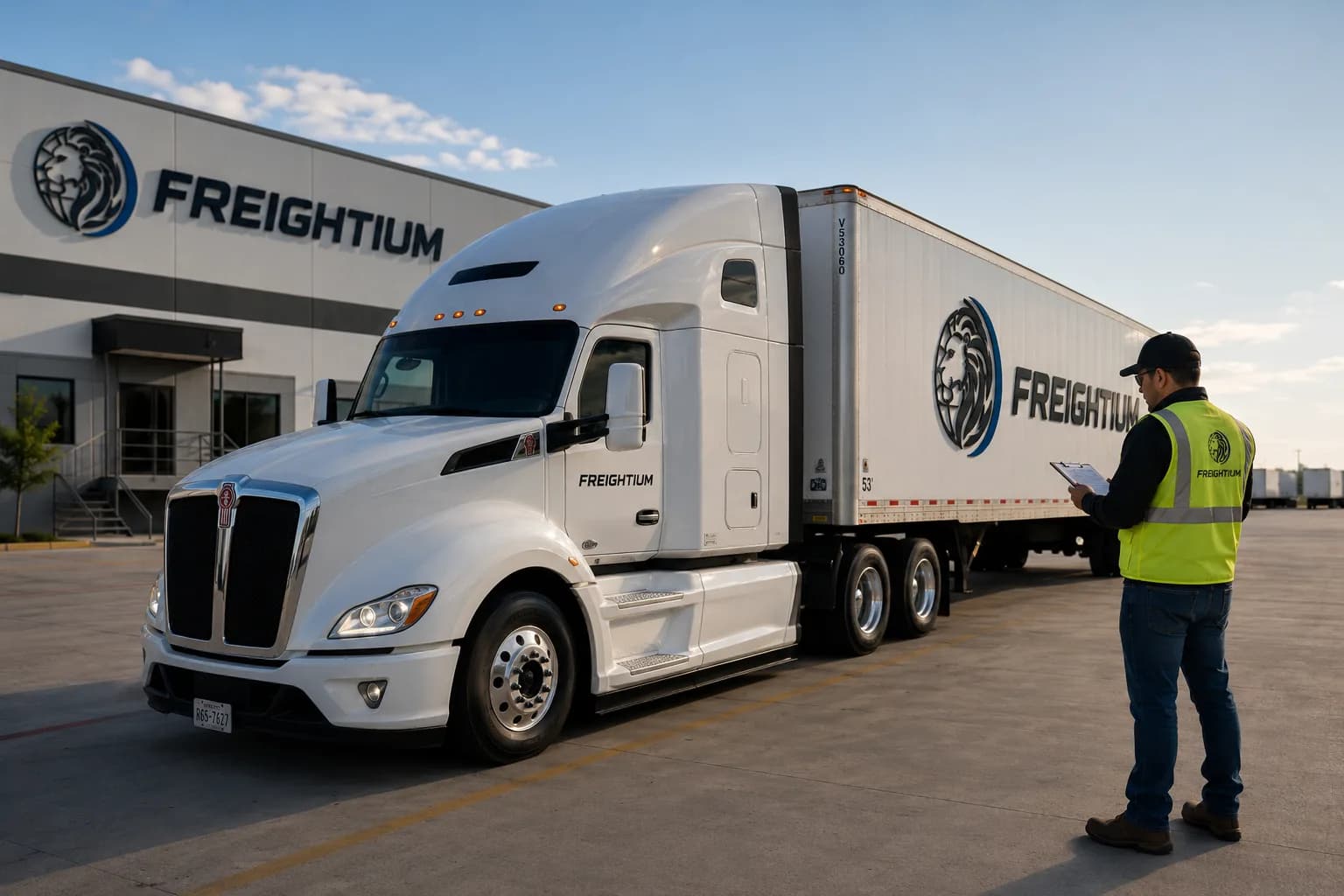 Freightium associate reviewing paperwork next to a company truck at the yard