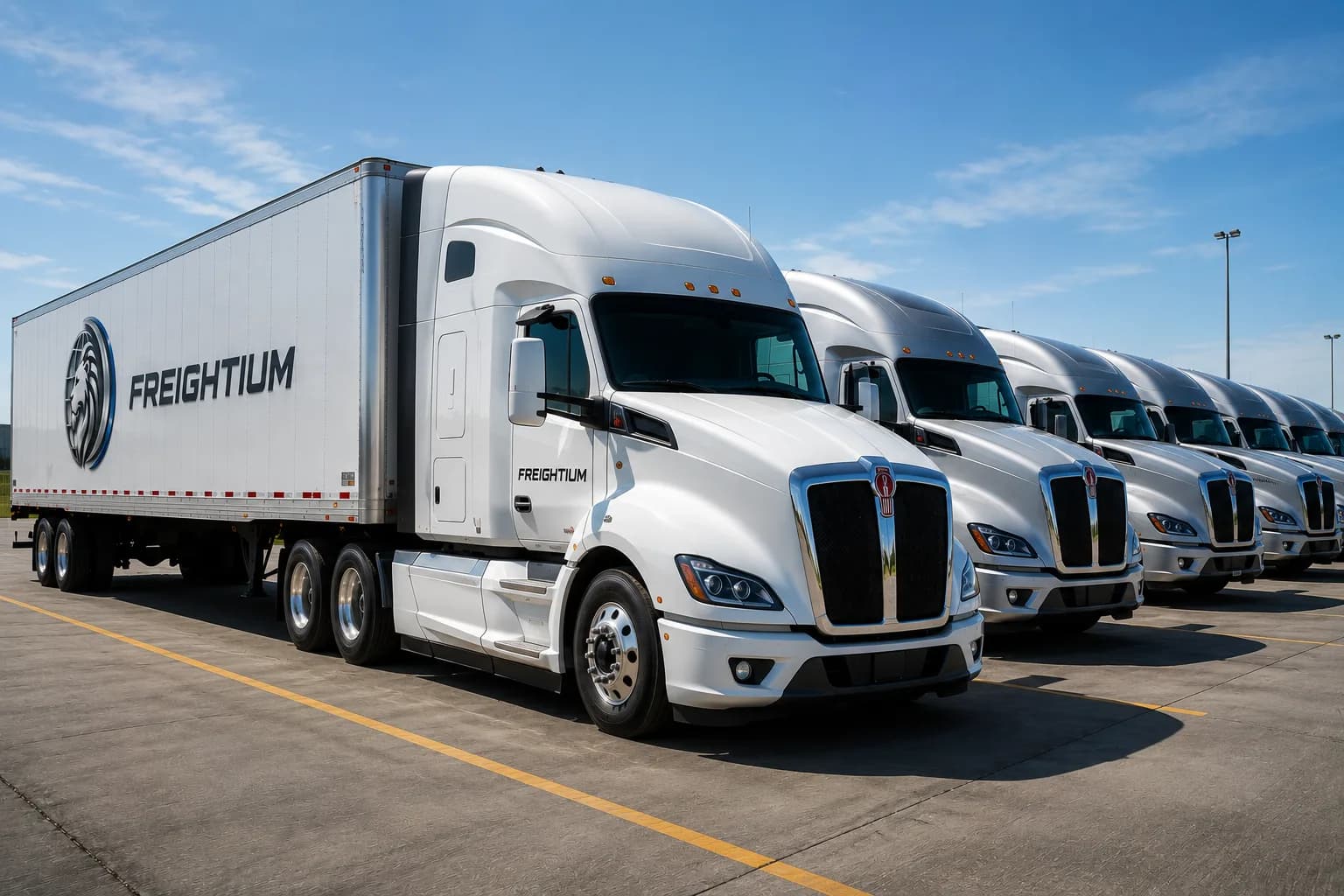 Freightium tractors with 53-foot dry van trailers lined up at the yard