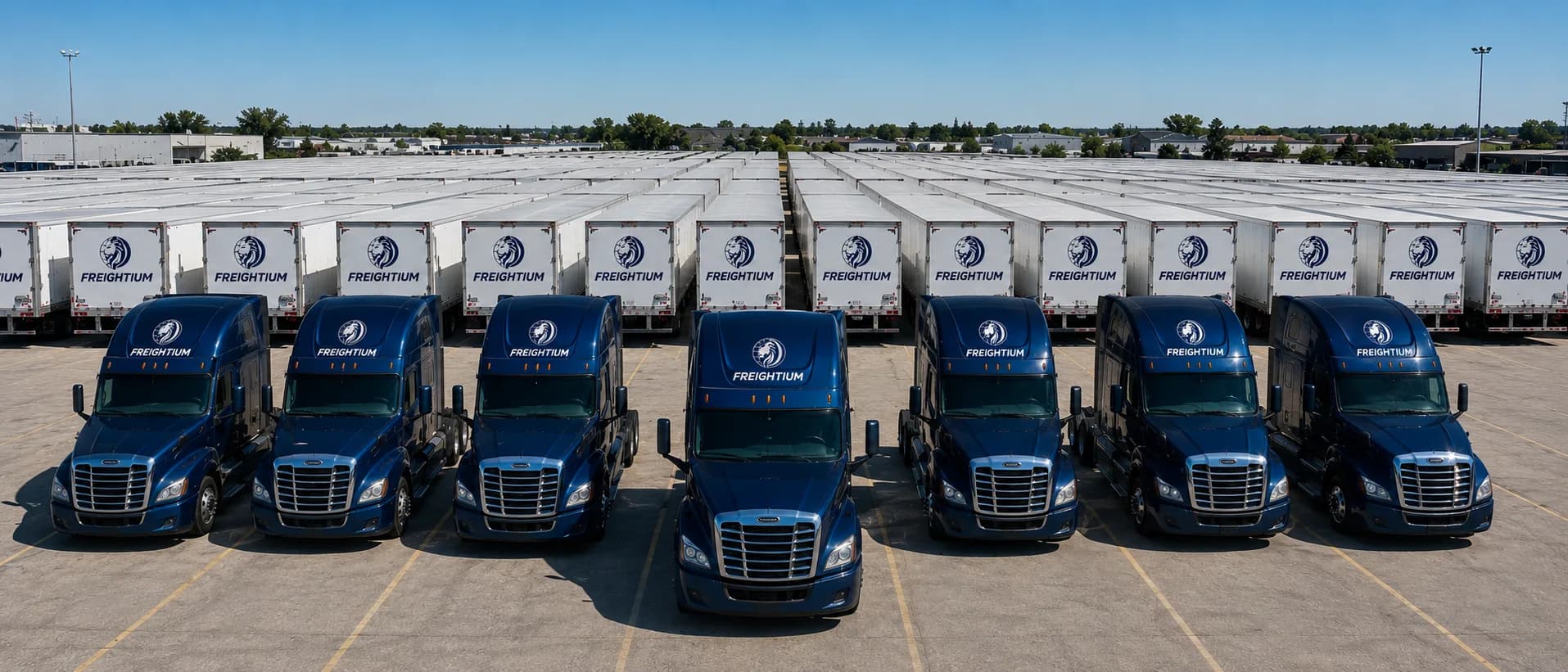 Freightium fleet of navy tractors lined up in front of rows of white 53-foot dry van trailers at a U.S. terminal yard