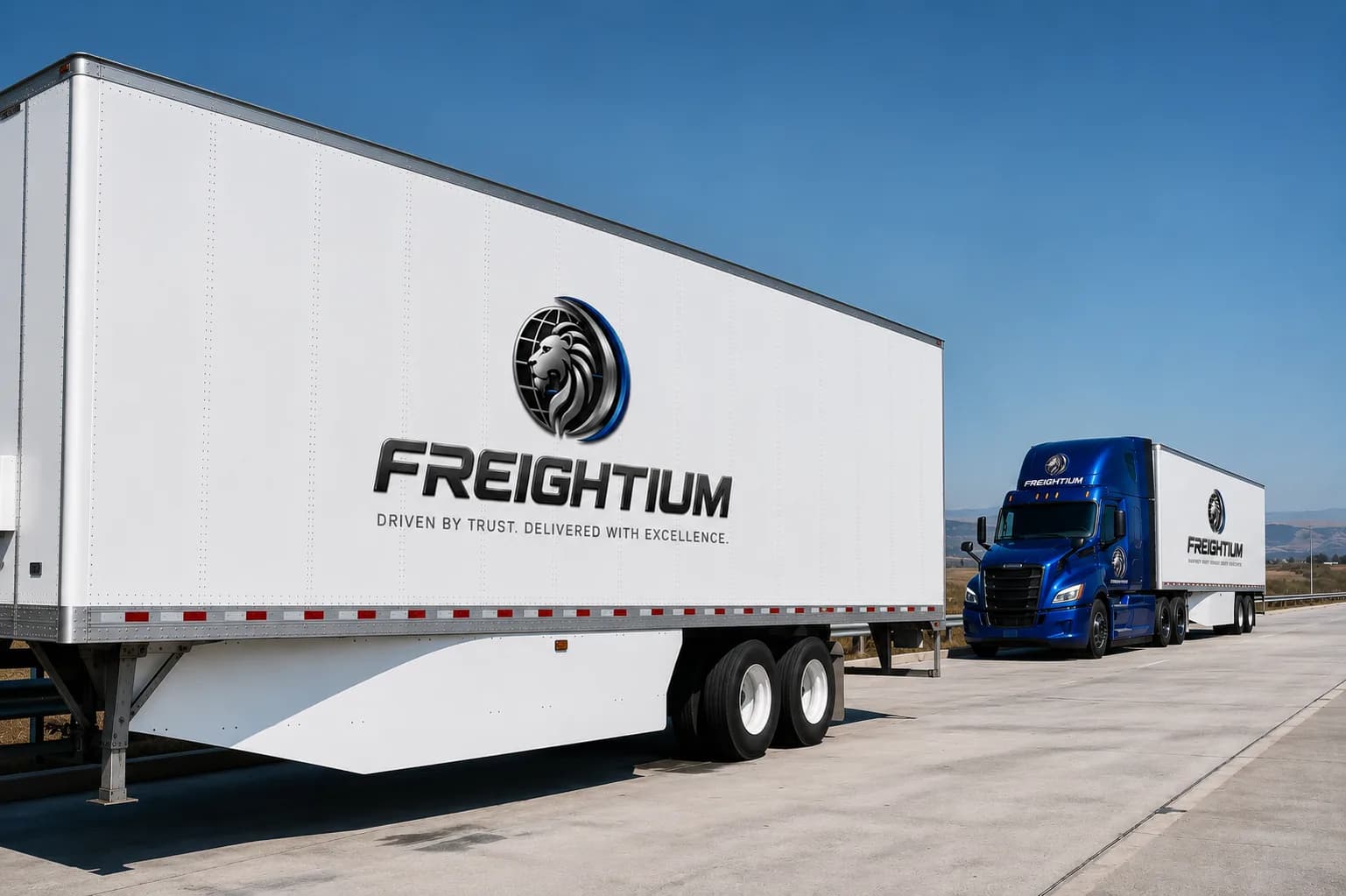 White Freightium 53-foot dry van trailer with the lion emblem on the side