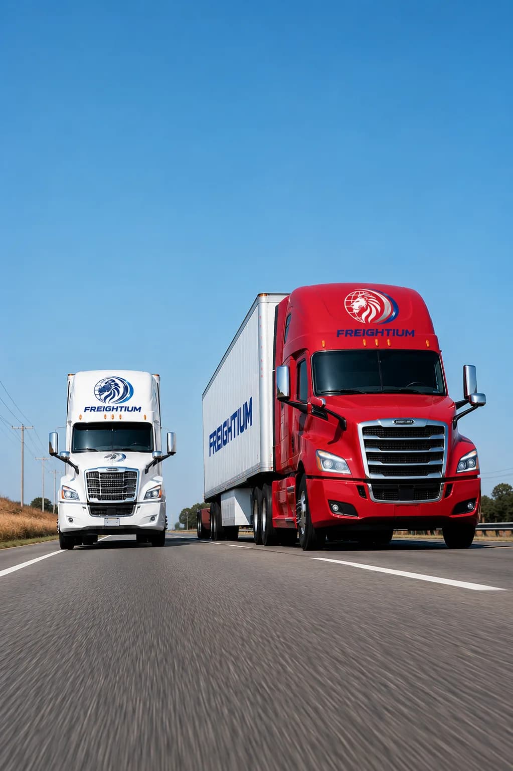 Two Freightium tractor-trailers driving on a U.S. highway, seen from the front