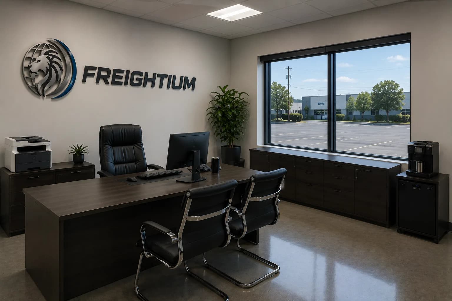 Freightium operations office with the company logo on the wall