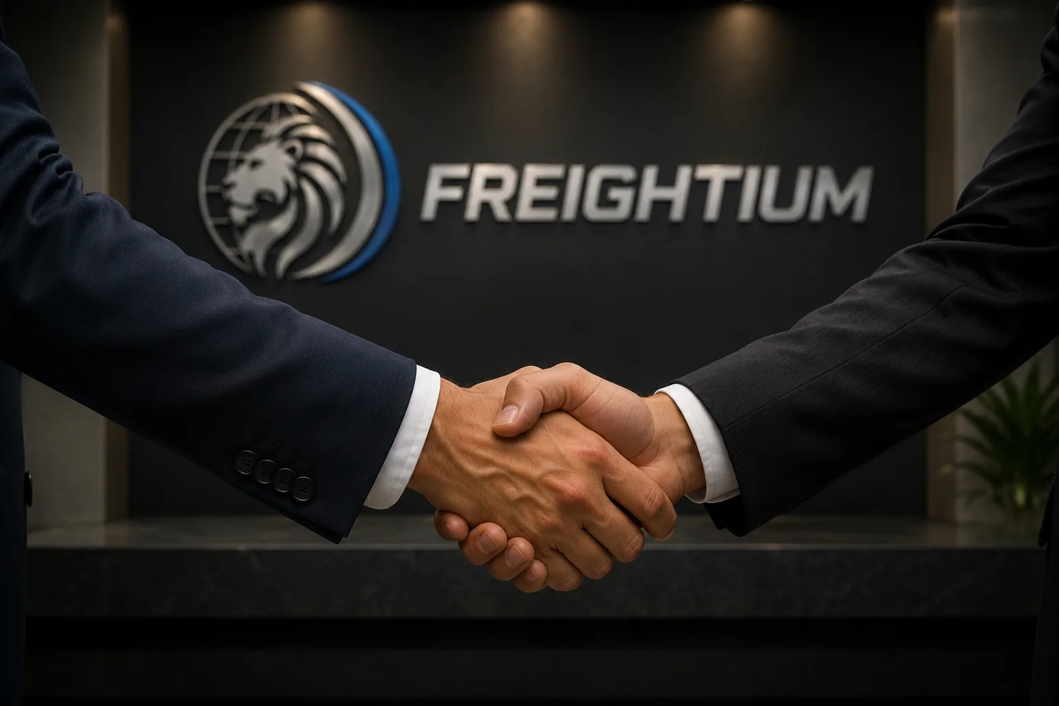 Handshake in front of the Freightium logo at the company office
